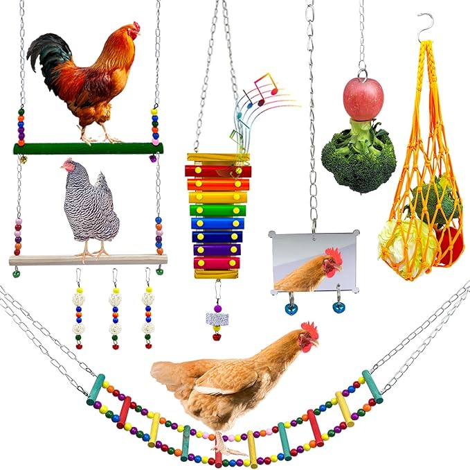 Chicken Toys for Hens, 10 Pack Chicken Toys for Coop, Chicken Mirror Swing Xylophone, Colorful Ladder and Small Toys for Chicken, Vegetable Fruits Hanging Feeder for Chicken Coop Accessories