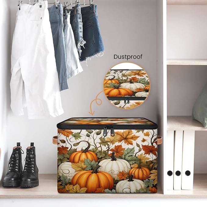 Fall Pumpkin Storage Bins with Lids, Maple Leaf Fabric Storage Boxes with Zipper, Collapsible Decorative Closet Organizer Cube for Clothes,Organizing, Shelves