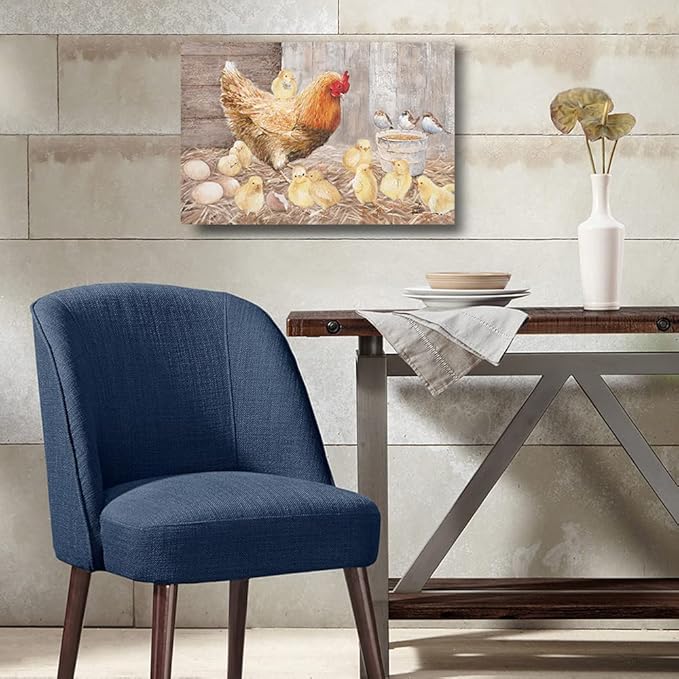 Farmhouse Wall Art Rooster Print: Hen Painting Small Born Chicks Picture Barnyard Birds Vintage Wood Framed Canvas Artwork for Kitchen Decor Easy Hanging (16"x24"x1 Panel)
