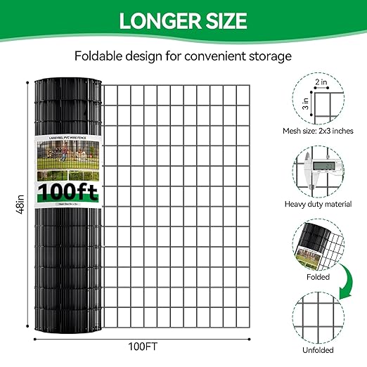 Welded Wire Fence, 100ft(L) x 48inch(H) PVC Anti-Rust Coated Wire Mesh, 2 Inch x 3 Inch 16GA Garden Edging Border, Roll Metal Animal Barrier for Yard Vegetable Plant Protection Poultry Netting