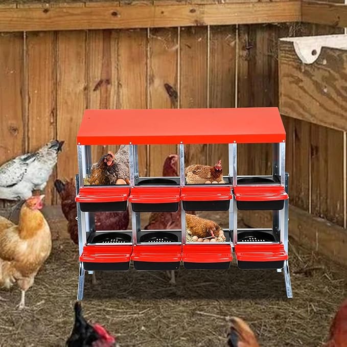 Metal Chicken Nesting Box, 8 Compartments Chicken Egg Laying Box, Chicken Coop Nesting Box, Chicken Nesting Box with Roll Up Design Lid, with Stand,Red