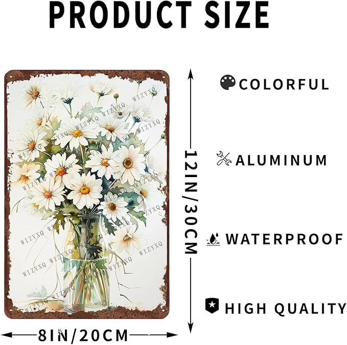 Metal Signs - Beautiful White Daisy Flowers Vintage Retro Aluminum Metal Tin Sign for Home Office Kitchen Bar Cafe Garden Wall Decor 12x8 Inch