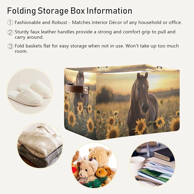 JIPONI Horse Sunflower Fabric Storage Bins for Shelves, Decorative Storage baskets for organizing, Closet Organizer with Handle for Cloth, Toys