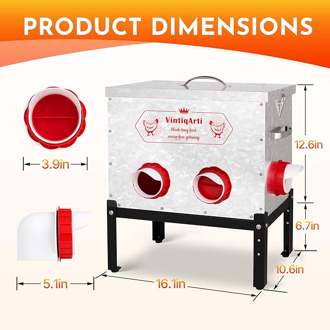40Lb Automatic Chicken Feeder - No Waste Metal Chicken Feeders 6 Port Metal Silo with Locking Lid, Rat & Rodent Proof Weatherproof Design, Adjustable Legs for Poultry Outdoor Coop & Backyard Chickens