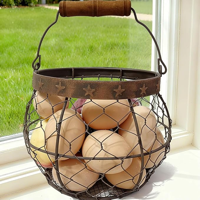 Chicken Wire Egg Basket for Gathering Fresh Eggs, Rustic Farmhouse Egg Collecting Basket with Handle Star Décor for Kitchen Storage Holder Organizer Easter Display Decoration | by TAIANLE