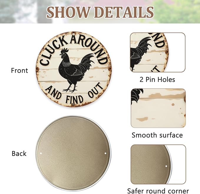 Cluck Around And Find Out Chicken Vintage Rustic Aluminum Metal Round Wall Sign, 8-inch Indoor Outdoor Gifts And Decor for Home, Office, Cafe & Yard Farm