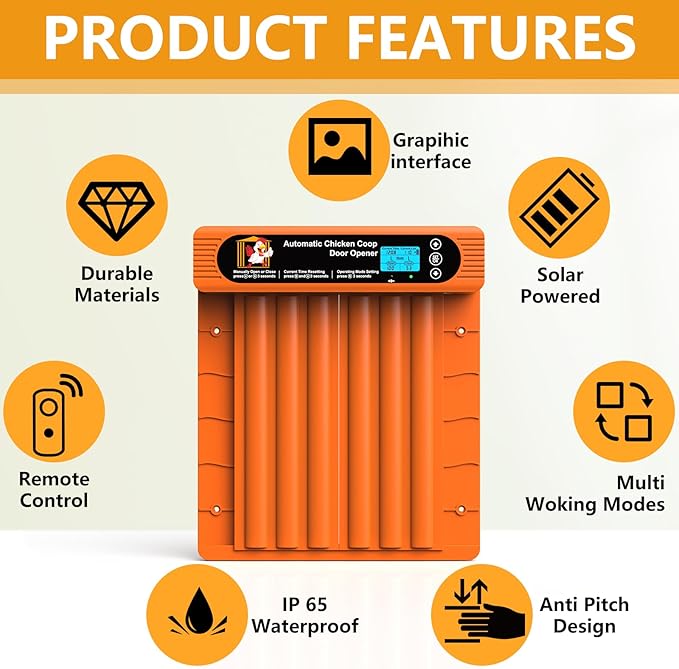 Automatic Chicken Coop Door Solar Powered, Extra Large Size, Anti-Pinch Design, Battery Powered Auto Chicken Door with Timer & Light Sensor, Solar Chiken Coop Door with Remote Control (50-100M)