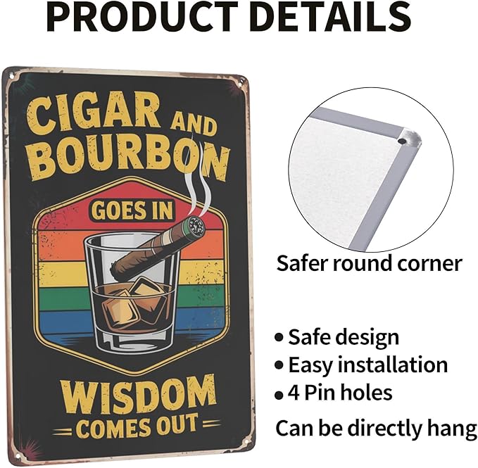 Novelty saying wall decor featuring Cigar And Whiskey Wisdom Comes Out Cigar Idea Metal Tin Sign Man Cave Bar Decor Perfect For Hanging In Lounge Office 8x12 inch metal sign for living room wall