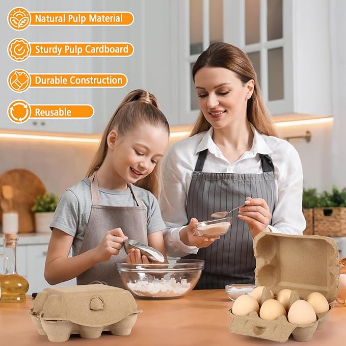 40 Pack Half Dozen Egg Cartons 6 Count with Fresh Farm, Blank Natural Pulp Carton for Chicken Eggs Reusable, Storage Tray Strong for Holds Up to Six 6 Egg Cardboard Paper Holder