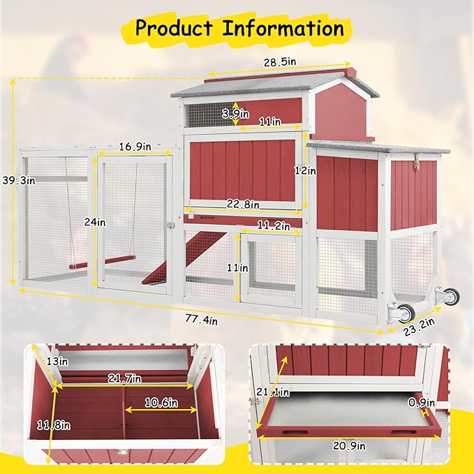 Wooden Chicken Coop with Wheels – Large Movable Outdoor Hen House with Waterproof Clear Sunlight Panel Roof, Nesting Box & Easy-Clean Tray – Spacious Backyard Poultry Tractor Red