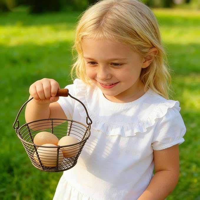 Mini Wire Egg Basket for Gathering Fresh Eggs with Lay-Flat Handle, Small Easter Hunts and Chicken Egg Collecting Basket 2 Pack, Farmhouse Rustic Kitchen Countertop Storage