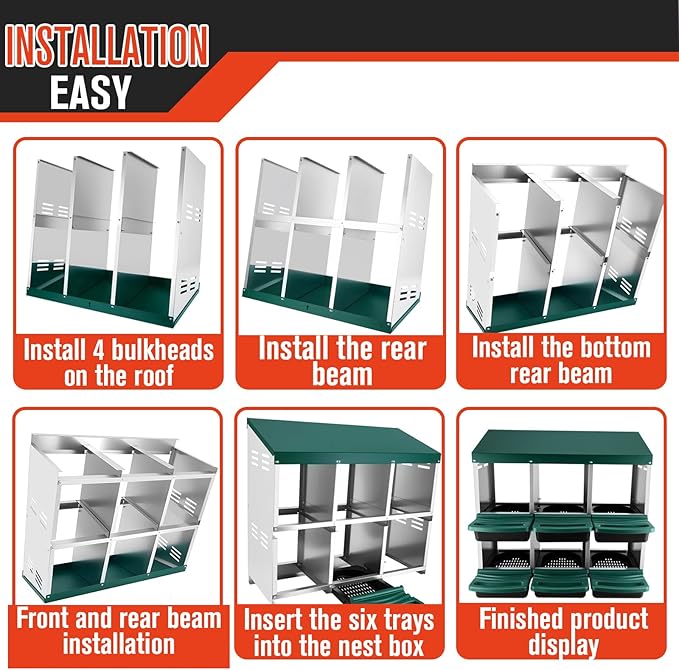 Chicken Nesting Box - 6 Hole Metal Roll Away Egg Laying Box for Hens, Heavy Duty Chicken Coop Nesting Box with Perch & Ventilation, Rust-Proof Poultry Nest (Green)