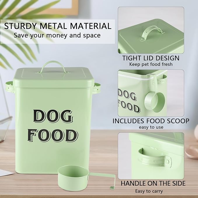 Dog Food Storage Container Farmhouse Pet Food Storage Containers with Lid and Scoop, Perfect Vintage Canister Treats Tin for Kitchen Countertop, Shelf, Great Gift for Pet Owners - Dog Food - Green