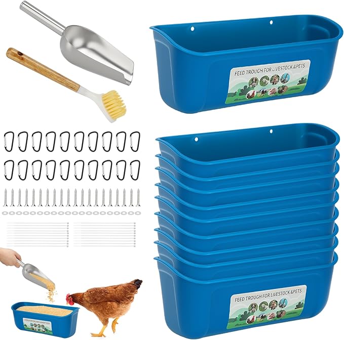 10 Pack Fence Feed Feeder 4.5 Quart Hanging Chicken Feeder Trough with Brush & Scoop Blue Goat Hanging Fence Feeders Feeder with Hooks Screws & Zip Tie for Livestock Feeding Container Goats Supplies