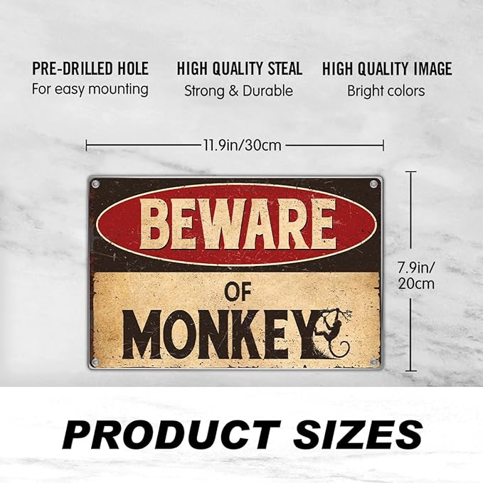Vintage Beware Of Monkey Metal Sign Funny Warning Wall Decor 12 x 8 Inch Retro Tin Plaque For Man Cave Garage Home Bar Yard Art Outdoor Aluminum Indoor Kitchen