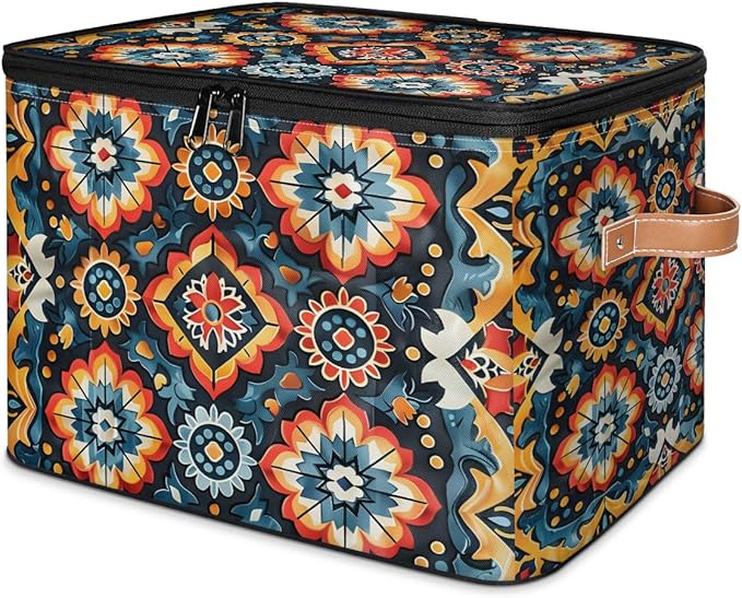 Retro Boho Ethnic Storage Bins with Zipper Lid Fabric Storage Containers for Clothes Collapsible Closet Storage Basket with Metal Frame 2 Pack