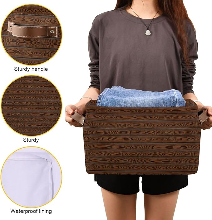 Rustic Grain Storage Bins Collapsible Storage Basket with Metal Frame, Fabric Shelves Bins Closet Baskets with Handles, 1-Pack