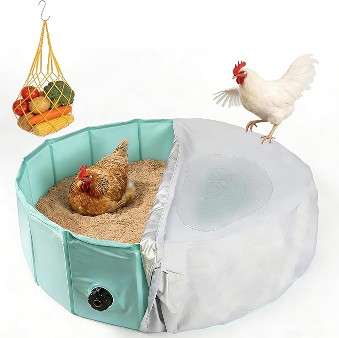 Chicken Dust Bath Tub, 32.3" D * 8" H Foldable Bathing Pool with Waterproof Cover & Feeder Net, Dust Bath for Chickens & Duck Tub, Dog Pool, Multi-Pet Coop Accessory (Green)