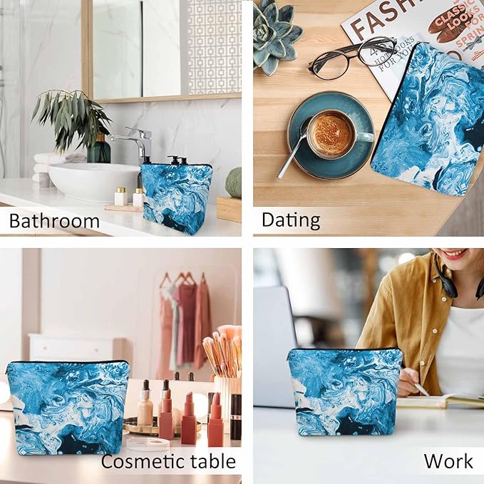 Marble Pattern Makeup Organizer Bag Cosmetic Bag For Men Women, Abstract Ocean Sea Water Marble Blue Travel Toiletry Bag Flax Makeup Bags Purse Business Makeup Pouch For Toiletries Cosmetics