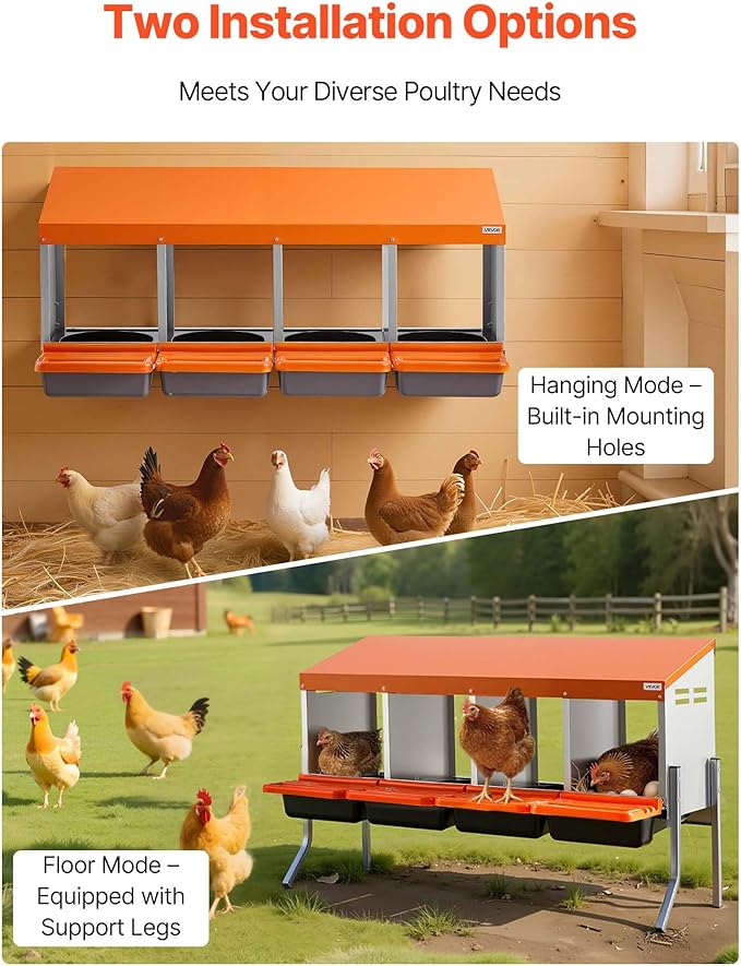 VEVOR Chicken Nesting Boxes, 4 Compartments, with Support Legs, Easy Egg Collection, Galvanized Steel and High-Strength Plastic, Roll Away Nesting Boxes for Chickens and Hens Laying Eggs, Orange