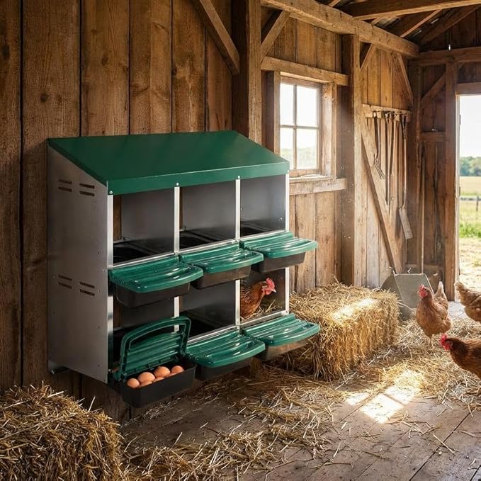 Chicken Nesting Boxes for Chickens, 6 Compartments Metal Roll Away Nest Box for Chicken Coop, Eggs Laying Boxes with Removable Lid, 2 Layer for Chicken Coops, Duck Coops and Hens, Green