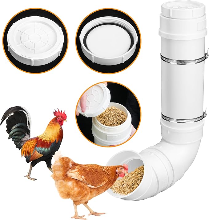 Automatic Chicken Feeder, 6 Pounds Capacity Heavy-Duty PVC Pipe No Waste Chicken Coop Feeder, Poultry Gravity Feed Port for Chicken Feeding