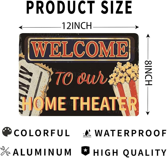 Vintage Movie Theater Tin Sign Welcome To Our Home Theater Metal Sign for Home Cafe Bar Media Room Bedroom 12×8 Inch