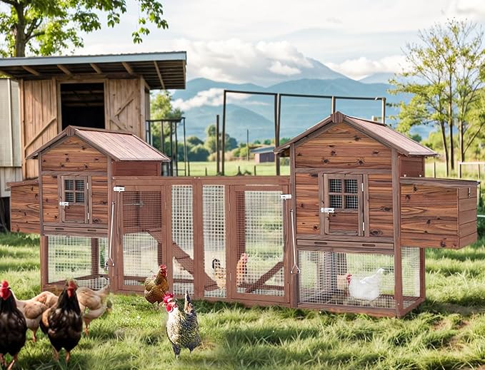 Large Wooden Chicken Coop, 160IN Outdoor Chicken Cages and Run with Nesting Boxes for 2-8 Chickens, Hen Run Poultry Pet House Rabbit Hutch with Waterproof Roof & Removable Tray for Backyard (Two)