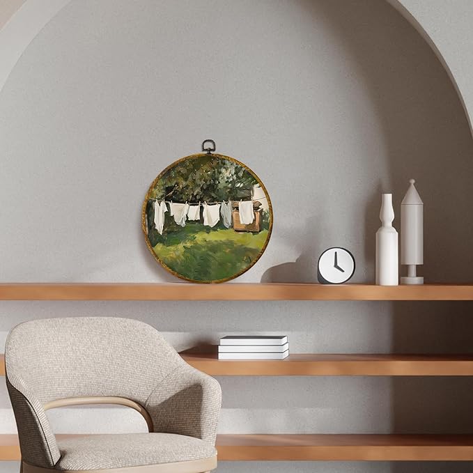 CUANFDDSF Vintage Rustic Farmhouse Round Wall Art, Country Laundry Day Framed Hanging Wall Decor, Retro Cottagecore Landscape Canvas Prints Decorations for Washroom Bathroom Laundry Room, 10x10 Inch