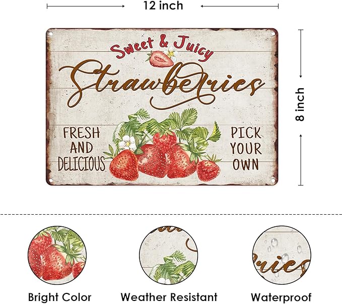 Sanwarm Metal Sign 8X12 Inch, Strawberry Leaves Flower Vintage Tin Sign Wall Art Decor for Home, Living Room, Kitchen, Garden, Bedroom, Office, Hotel, Cafe And Pub Decoration
