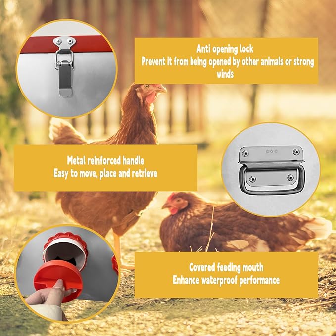 25lbs Metal Chicken Feeder, 4 Ports Galvanized Feeder, Goat Proof Auto Chicken Feeder, Weatherproof Chicken Food Dispenser System for Outdoor Coop,4.1 Gallon