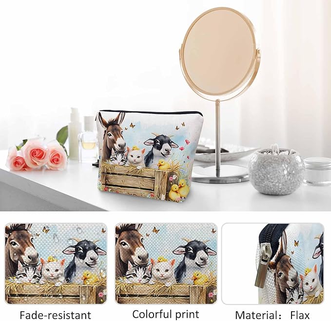 Makeup Bag Farm Animals Makeup Bags For Purse Pouch, Rustic Horse Pig Sheep Goat Calf Rabbit Travel Toiletry Bag Cosmetic Bag Makeup Bags Flax Makeup Organizer Bag Pencil Pouch For Man Woman