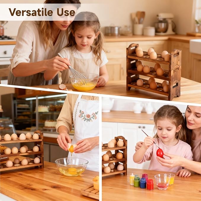 3 Tier Stackable Egg Rack, Wooden Countertop Egg Holder Holds 36 Eggs, Dark Brown Fresh Eggs Organizer, Stackable Quail Egg Sorter Storage Trays for Duck, Turkey, Chicken Egg