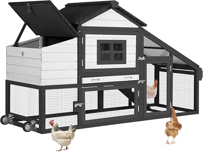 Aivituvin Chicken Coop Outdoor with Wheels, Mobile Hen House Wooden Poultry Cage with Run & Waterproof Roof (Black with White)