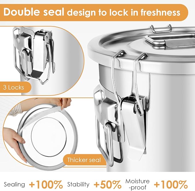 Stainless Steel Containers with Lids,40 lbs Large Capacity Food Storage Containers for Rice Flour Sugar Grain Coffee Bean,Airtight Canister for Kitchen & Pantry Organization