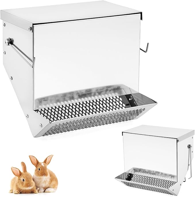 Rabbit Feeders Automatic for Cages,3.5 Pound Large Metal Trough Feeder with Lid Galvanized Steel Outdoor Bunny Food Dispenser for Rabbits Chicken Guinea Pig Pet and Other Small Animals