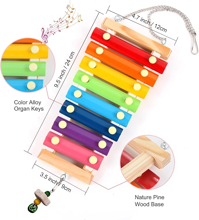 8PCS Chicken Toys for Coop Accessories, Chicken Swing, Xylophone, Mirror, Vegetable Hanging Feeder, Fruit Rack for Poultry Rooster Large Bird Parrot Lovers’ Entertainment Gift