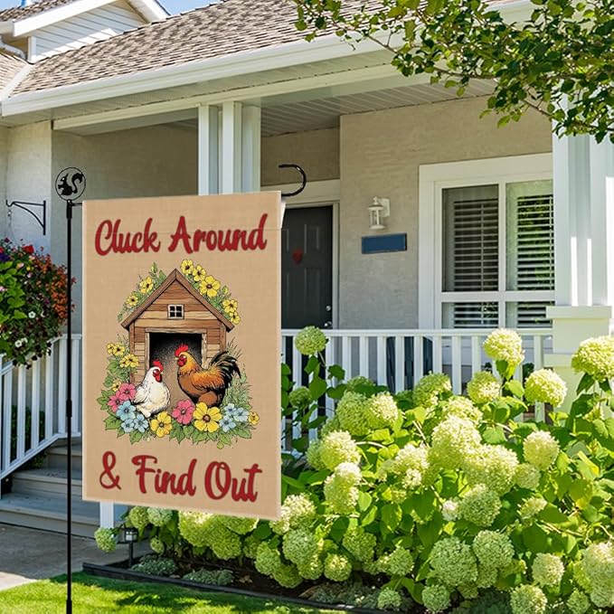 Cluck Around & Find Out Garden Flag, Double Sided Farmhouse Chicken Coop Outdoor Decoration Yard Flag Gifts, Welcome to the Farm Flags for Chickens Lover, Funny Chicken Sign