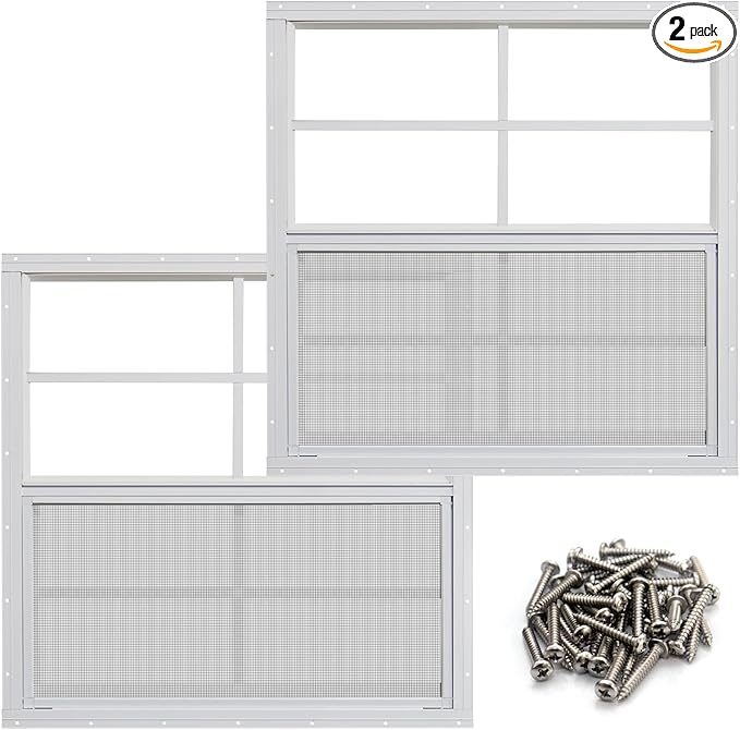 NeatiEase 2 Pack Shed Windows, 24" x 24" Flush Mount Window with Tempered Glass and Fiberglass Screen for Shed, Chicken Coop, Playhouse, Household, Garage