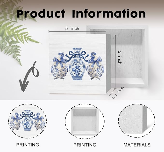 Blue And White Chinoiserie Chicken Wooden Signs,Grand Millenial Bow Blue Floral Chicken Home Decor Signs,Porcelain Chinoiserie Desk Decorations,Farmhouse Animal Office Kitchen Decor