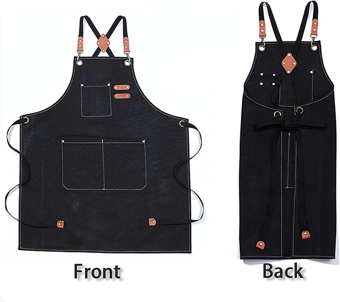 Multi-Pocket Waterproof Oil-Proof Canvas Cotton Apron Cross-Back Adjustable Straps For Chefs Barbers Carpenters