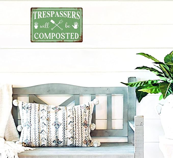 Generic Trespassers Will Be Composted Vintage Metal Tin Sign Funny Garden Sign Warning Sign Garden Decorations Garden Wall Decor Art Plaque Farmhouse Yard Art Vintage Outdoor Sign 8x12 Inch