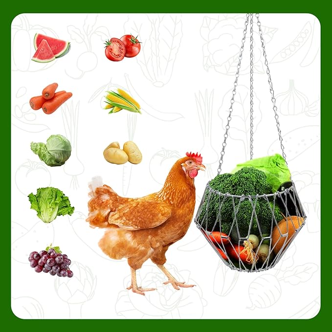 Hanging Chicken Feeder, Metal Chicken Treat Dispenser with Chain and Stand Pole, Chicken Enrichment Toys, Chicken Coop Accessories for Hens, Turkeys, Ducks, Geese, and Other Poultry