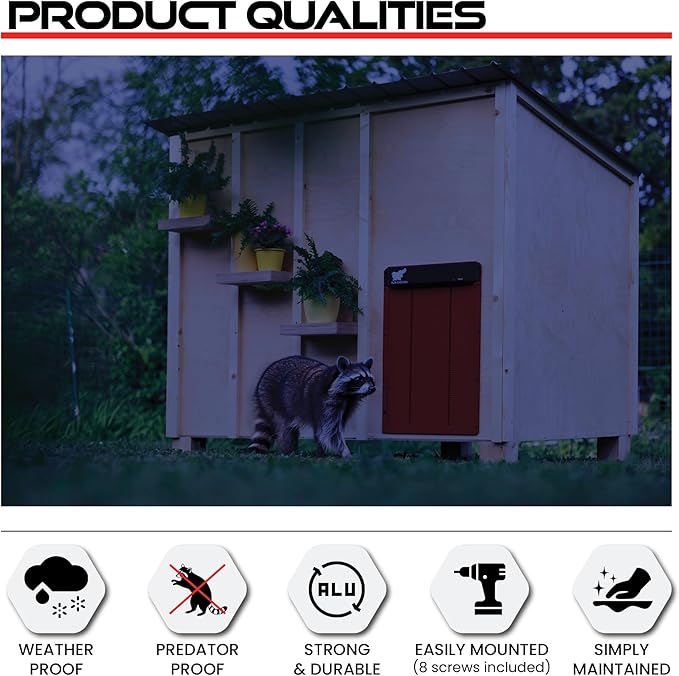 RUN-CHICKEN Door Giant – Large Automatic Poultry Coop Door for Ducks & Turkeys, Not for Chickens, Battery Powered/Solar Compatible, Heavy-Duty Aluminum, Predator Proof, Easy Install (Red)