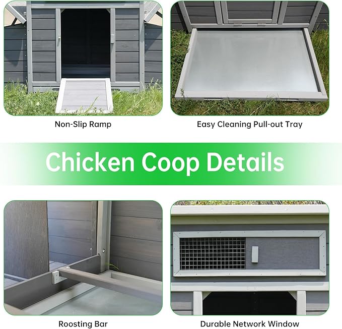 Chicken Coop, 58" Wooden Chicken Coop with 2 Sides Large Nesting Boxes for 4-6 Chickens, Poultry Hutch Rabbit Cage with No-Slip Ramp & Pull-Out Tray for Outdoor Farm Yard (Dark Grey)