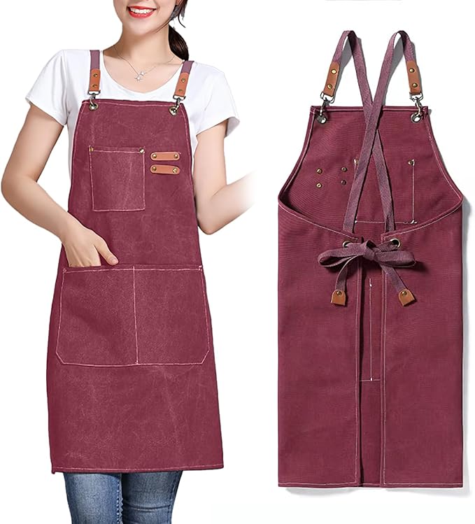 Unisex Aprons with Large Pockets,Cotton Canvas Cross Back Heavy Duty Adjustable Work Apron,Size Kids to Adult