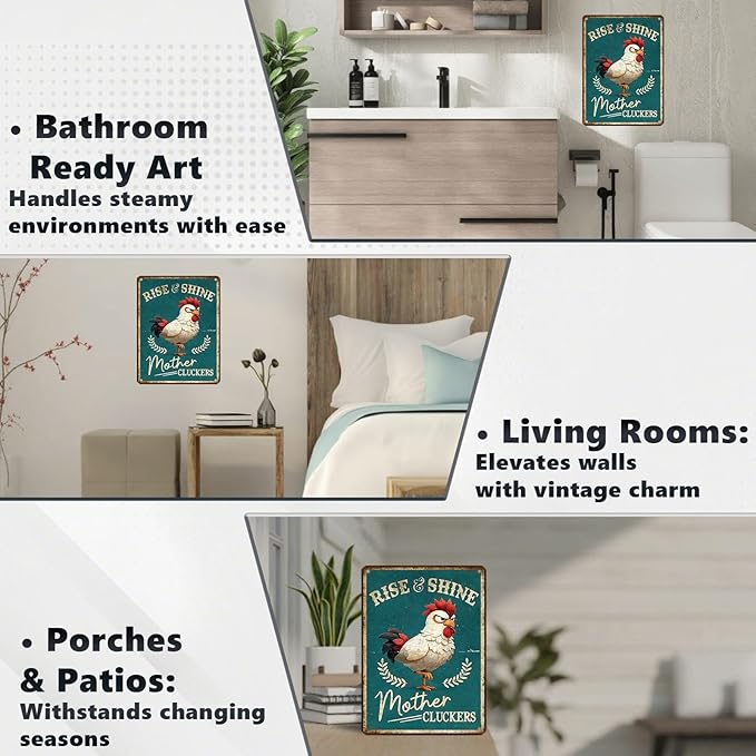 Funny Chicken Signs Rooster Kitchen Decor Rise And Shine Mother Cluckers Tin Signs Vintage Coop Metal Decor Rustic Wall Art For Home Farmhouse Farm Poultry House Cafe Bar Office 16 * 12 In