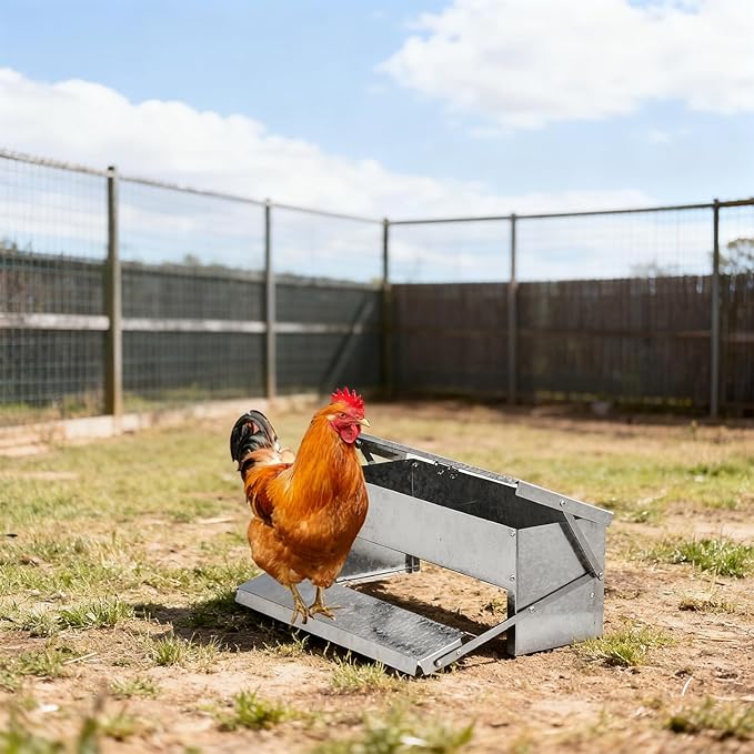 Large Capacity Chicken Grit and Oyster Shell Feeder,Rodent Proof No Waste Treadle Chicken Feeder,Galvanized Metal Poultry Duck Feeders,with Weatherproof Lid,for Chickens Hens Ducks (Silver)
