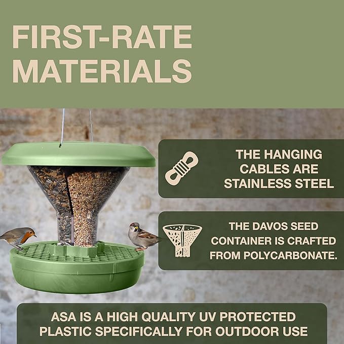 SWISSINNO Bird Feeders - No Mess Hanging Bird Feeder for Outdoors - Smart Birds Davos Spill Proof Wild Cardinal & Small Bird Feeder with Integrated Seed Catcher Tray - Dual Chamber - Sage