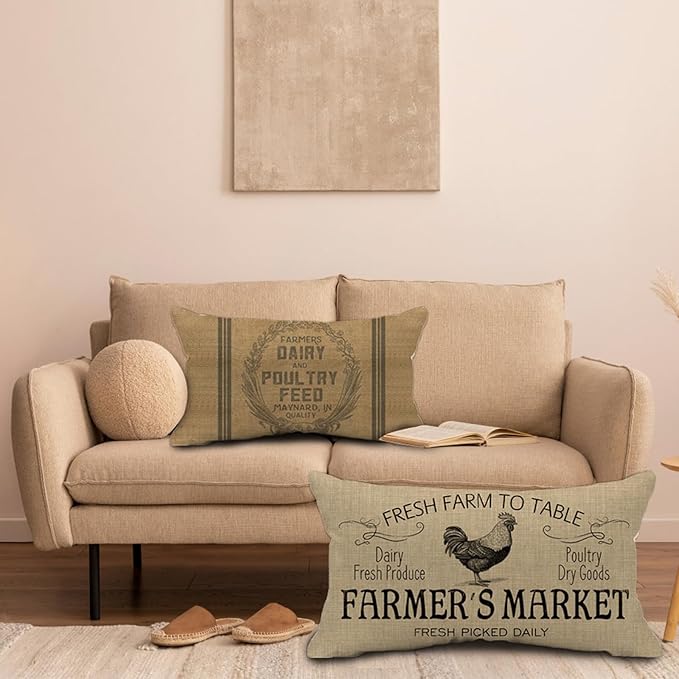 Retro Farmhouse Chicken Pillow Covers 12x20 inch Vintage Thanksgiving Day Farmer's Market Cock Poultry Goods Dairy Fresh Produce Lumbar Pillow Farm Decor Throw Cushion Case for Home Couch Pillowcase
